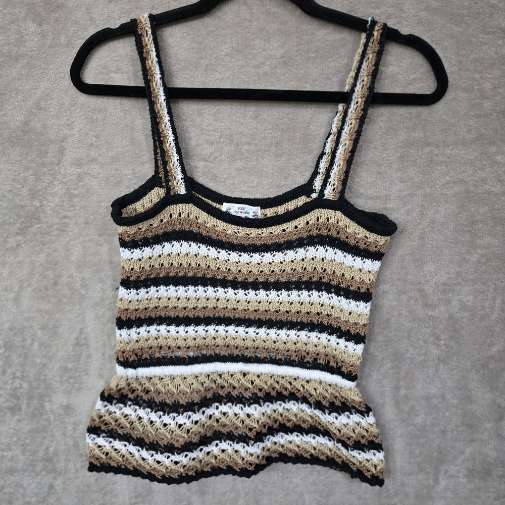 Crochet Tank Top Womens Large Brown Stripe Boho Festival Open‎ Knit Indie Hippie